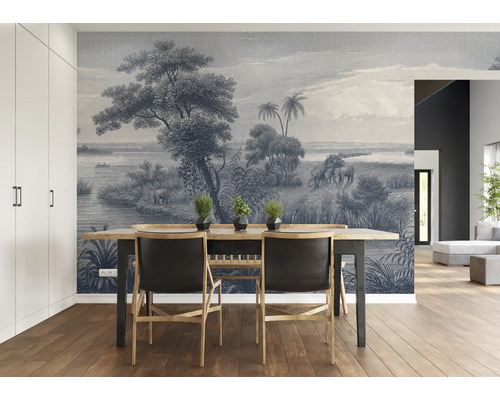 Salle à manger avec papier peint photo à motif d''éléphant, table et chaises