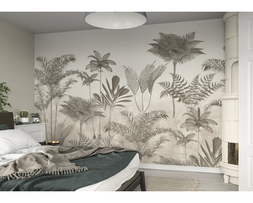 Chambre à coucher avec papier peint photo représentant des palmiers et des plantes tropicales