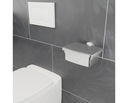 Intérieur de salle de bains avec toilettes, plaque de commande et support de papier toilette