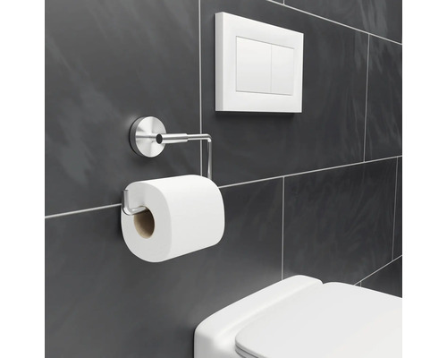 Distributeur de papier toilette en métal, chasse d''eau et cuvette de toilettes dans une salle de bains