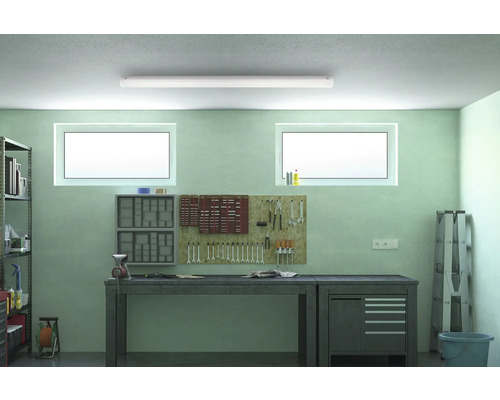 Werkstatt mit Werkbank, Werkzeugwand, Regalen, Fenstern und einer Deckenleuchte