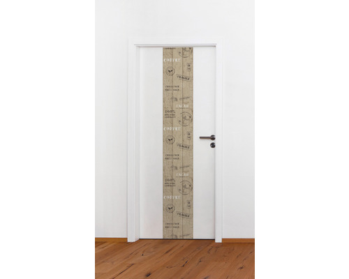 Porte intérieure avec film décoratif aspect bois et motifs café et cacao