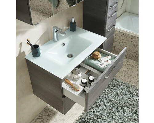 Badezimmerwaschtisch mit Schubladen und Ablagefläche aus Glas