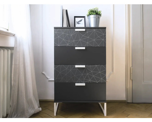 Commode avec quatre tiroirs, motif géométrique et poignées en métal