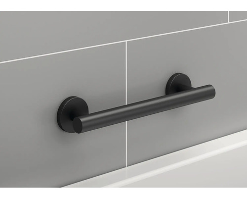 Barre d''appui noire pour montage mural dans la salle de bain.