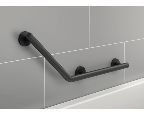 Barre d''appui noire pour salle de bains, montée sur un mur