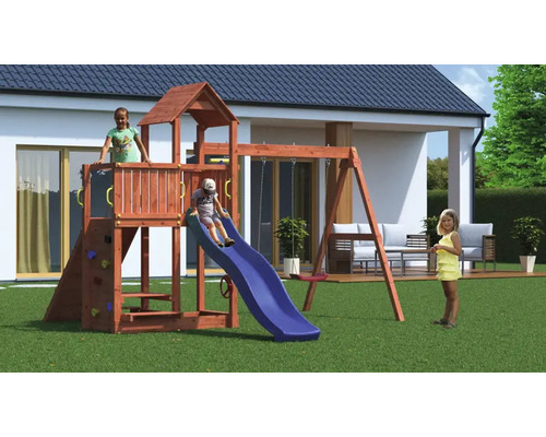 Aire de jeux pour enfants avec toboggan, balançoire et mur d''escalade dans le jardin