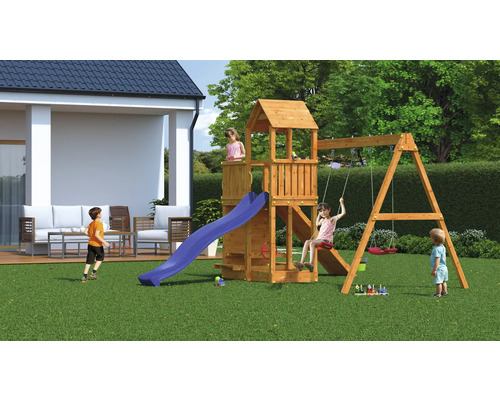 Aire de jeux avec balançoire, toboggan et tour de jeux dans le jardin