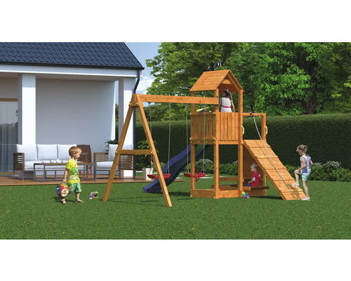 Aire de jeux en bois avec balançoire, toboggan et tour de jeux dans le jardin