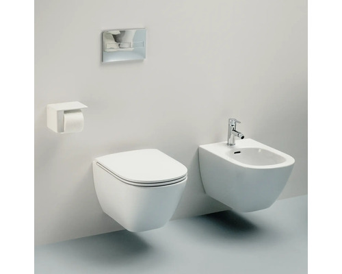 Wandhängendes WC und Bidet mit Armatur, Spülkasten und Toilettenpapierhalter zur Badausstattung