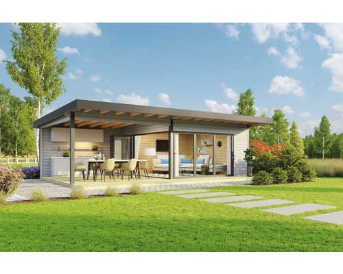 Maison de jardin moderne avec terrasse, coin repas et salon extérieur.