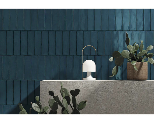 Décoration murale avec des carreaux bleus, une lampe et un cactus