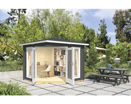 Abri de jardin Outdoor Life Oban 40 avec plancher 282,3 x 282,3 cm gris carbone Abri de jardin avec portes ouvertes et mobilier de bureau à l''intérieur, ainsi qu''un banc de pique-nique dans le jardin