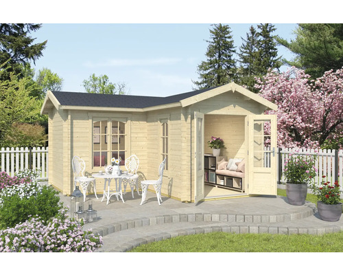 Gartenhaus Outdoor Life Portsmouth 44 inkl. Fussboden 450 x 447,6 cm natur Gartenhaus aus Holz mit Terrasse und Gartenmöbeln