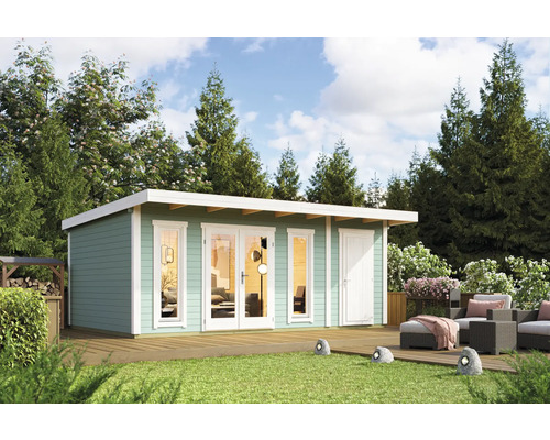 Gartenhaus Outdoor Life Sicily 2 inkl. Fussboden 595 x 440 cm gletschergrün Gartenhaus aus Holz mit Terrasse und Gartenmöbeln