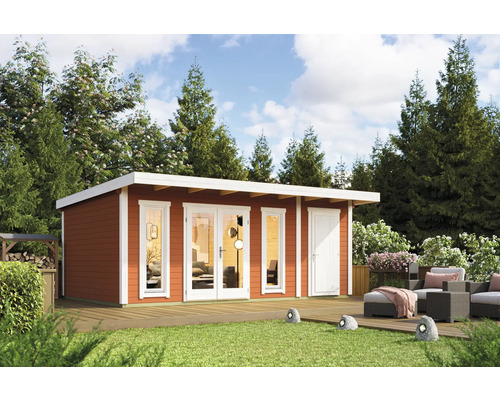 Gartenhaus Outdoor Life Sicily 2 inkl. Fussboden 595 x 440 cm schwedenrot Gartenhaus mit Terrasse und Gartenmöbeln im Aussenbereich