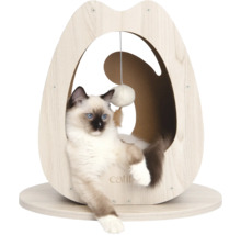 Chat dans une niche pour chat avec jouet