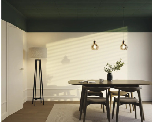 Salle à manger avec table, chaises, lampadaire et suspensions