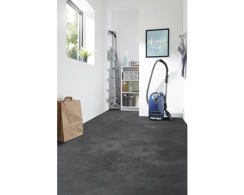 Pièce lumineuse avec sol foncé, échelle, aspirateur et étagère