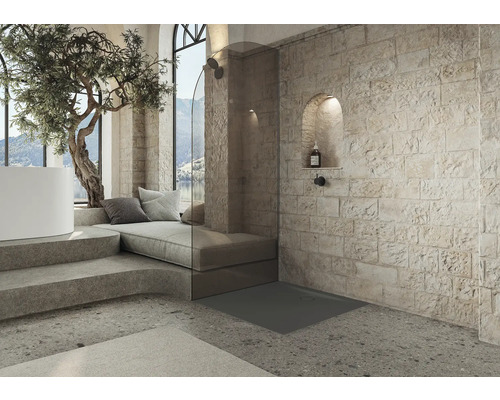 Salle de bains avec douche, coin salon et mur en pierre