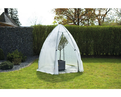 Gartenszene mit einem Folientunnel, der eine Pflanze schützt.