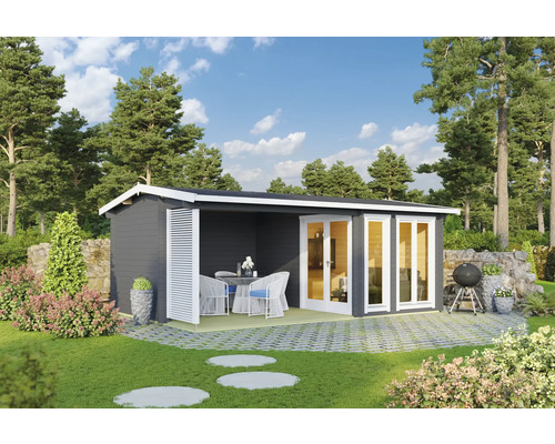 Abri de jardin Outdoor Life Torquay 44 avec plancher, terrasse 575 x 370 cm gris carbone