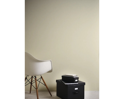 Aménagement intérieur avec chaise, boîtes de rangement et mur peint clair