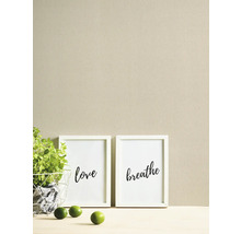Scène décorative avec deux affiches encadrées portant les mots aimer et respirer, un pot d''origan et des citrons verts.