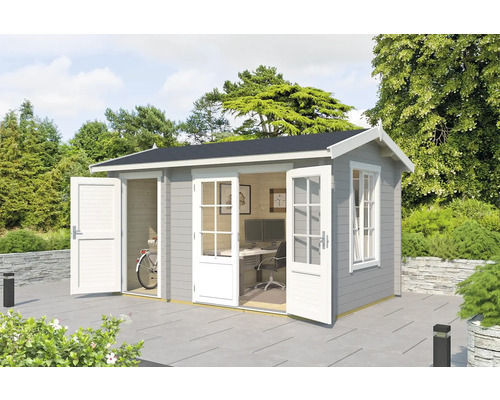 Gartenhaus Outdoor Life Wrexham 1 inkl. Fussboden 430 x 288,1 cm lichtgrau Gartenhaus mit geöffneten Türen und Fenstern, ausgestattet mit Büro und Fahrrad