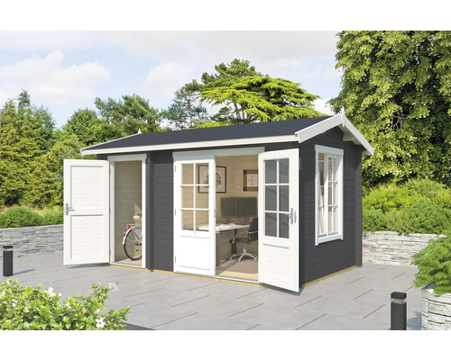 Gartenhaus Outdoor Life Wrexham 1 inkl. Fussboden 430 x 288,1 cm carbongrau Gartenhaus mit geöffneten Türen und Fenstern im Garten