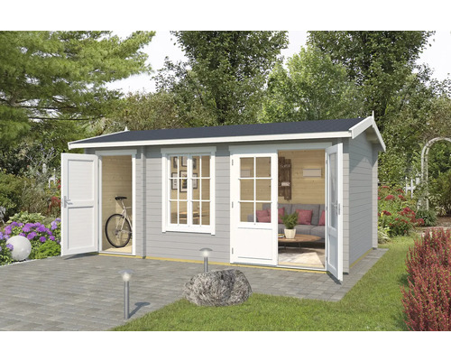 Gartenhaus Outdoor Life Wrexham 2 inkl. Fussboden 525 x 350,8 cm lichtgrau Gartenhaus mit offenen Türen, Fenster und Fahrrad im Inneren