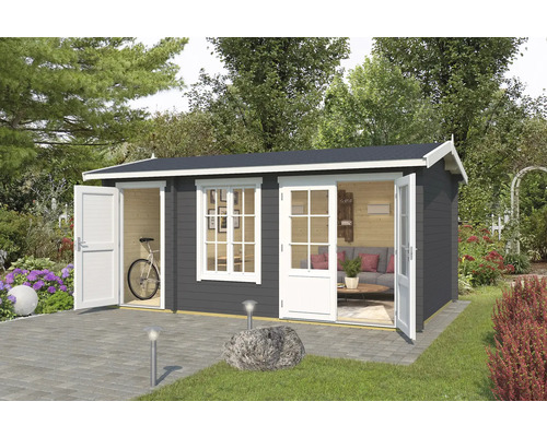 Gartenhaus Outdoor Life Wrexham 2 inkl. Fussboden 525 x 350,8 cm carbongrau Modernes Gartenhaus mit geöffneten Türen und Fenstern in einem Garten.