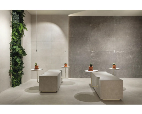 Pièce lumineuse avec carrelage mural, mur végétal, bancs et décoration