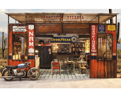 Vintage Werkstatt mit Motorrad im Westernstil