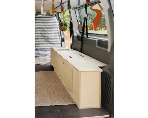 Aménagement intérieur d''une camionnette avec un module d''armoire en bois pour le rangement