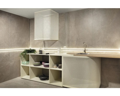 Helle Küche mit Dunstabzugshaube, Spüle und Regalen.