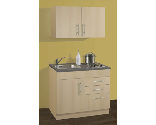 Kompakte Küchenzeile mit Spüle, Kochfeld, Unterschrank und Hängeschrank