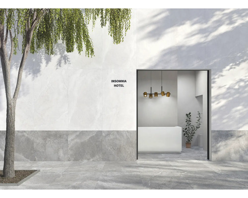 Eingangsbereich mit Bodenfliesen, Wandfliesen und Baum vor dem Insomnia Hotel