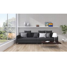 Wohnzimmer mit Sofa, Couchtisch und Dekoration