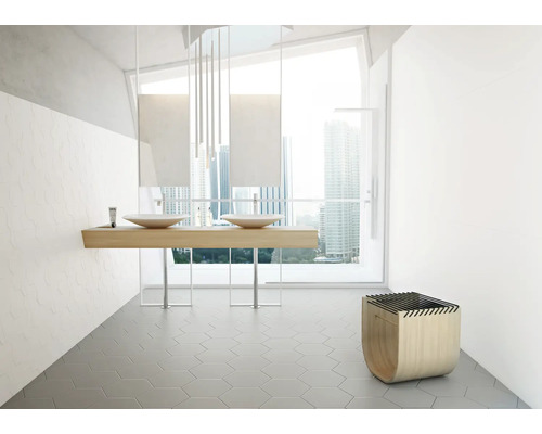 Salle de bain avec meuble-lavabo, deux lavabos, carrelage et tabouret