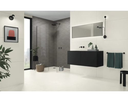 Salle de bains lumineuse avec douche, meuble sous-lavabo, miroir et accessoires.