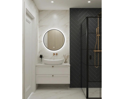 Salle de bain moderne avec meuble-lavabo, miroir et cabine de douche