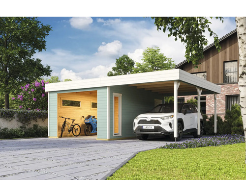 Garage individuel Outdoor Life Bahamas sans portail avec extension de toit 660 x 540 cm vert glacier