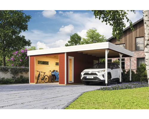 Garage individuel Outdoor Life Bahamas sans portail avec extension de toit 660 x 540 cm rouge de Falun