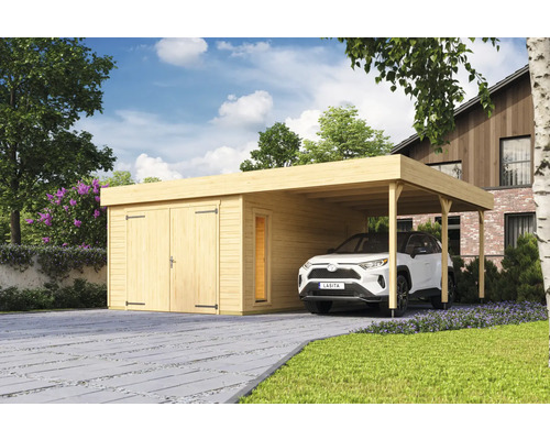 Garage individuel Outdoor Life Bahamas avec portail battant avec extension de toit 660 x 540 cm naturel