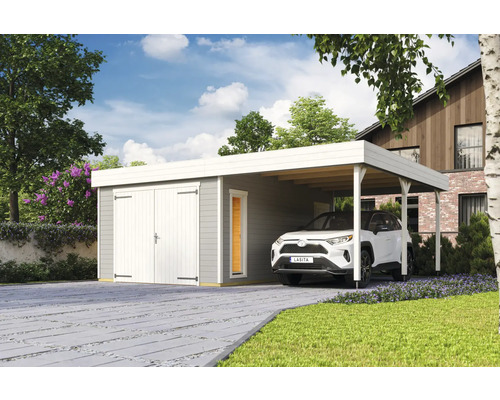 Garage individuel Outdoor Life Bahamas avec portail battant avec extension de toit 660 x 540 cm gris clair