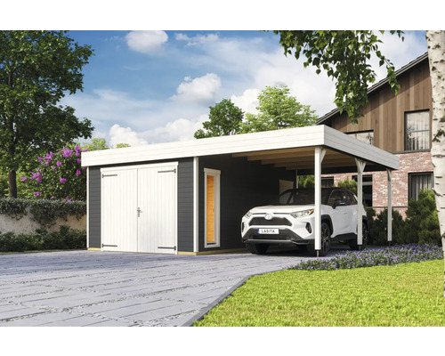 Garage individuel Outdoor Life Bahamas avec portail battant avec extension de toit 660 x 540 cm gris carbone