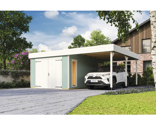 Garage individuel Outdoor Life Bahamas avec portail battant avec extension de toit 660 x 540 cm vert glacier