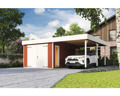 Garage individuel Outdoor Life Bahamas avec portail battant avec extension de toit 660 x 540 cm rouge de Falun