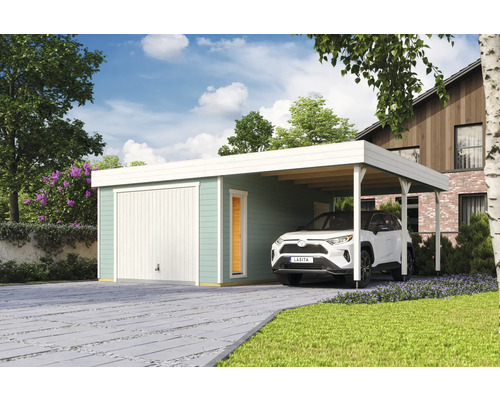 Garage individuel Outdoor Life Bahamas avec porte de garage basculante avec extension de toit 660 x 540 cm vert glacier